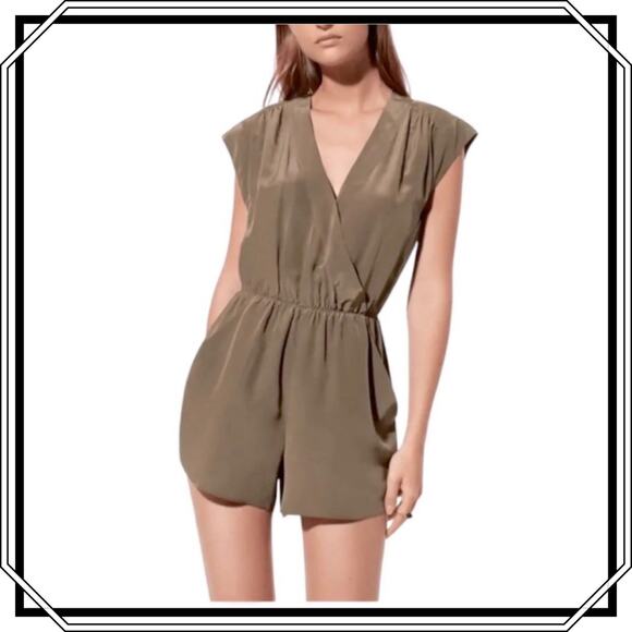Babaton Corbett Silk Romper Olive Green POCKETS size Small - Picture 1 of 12